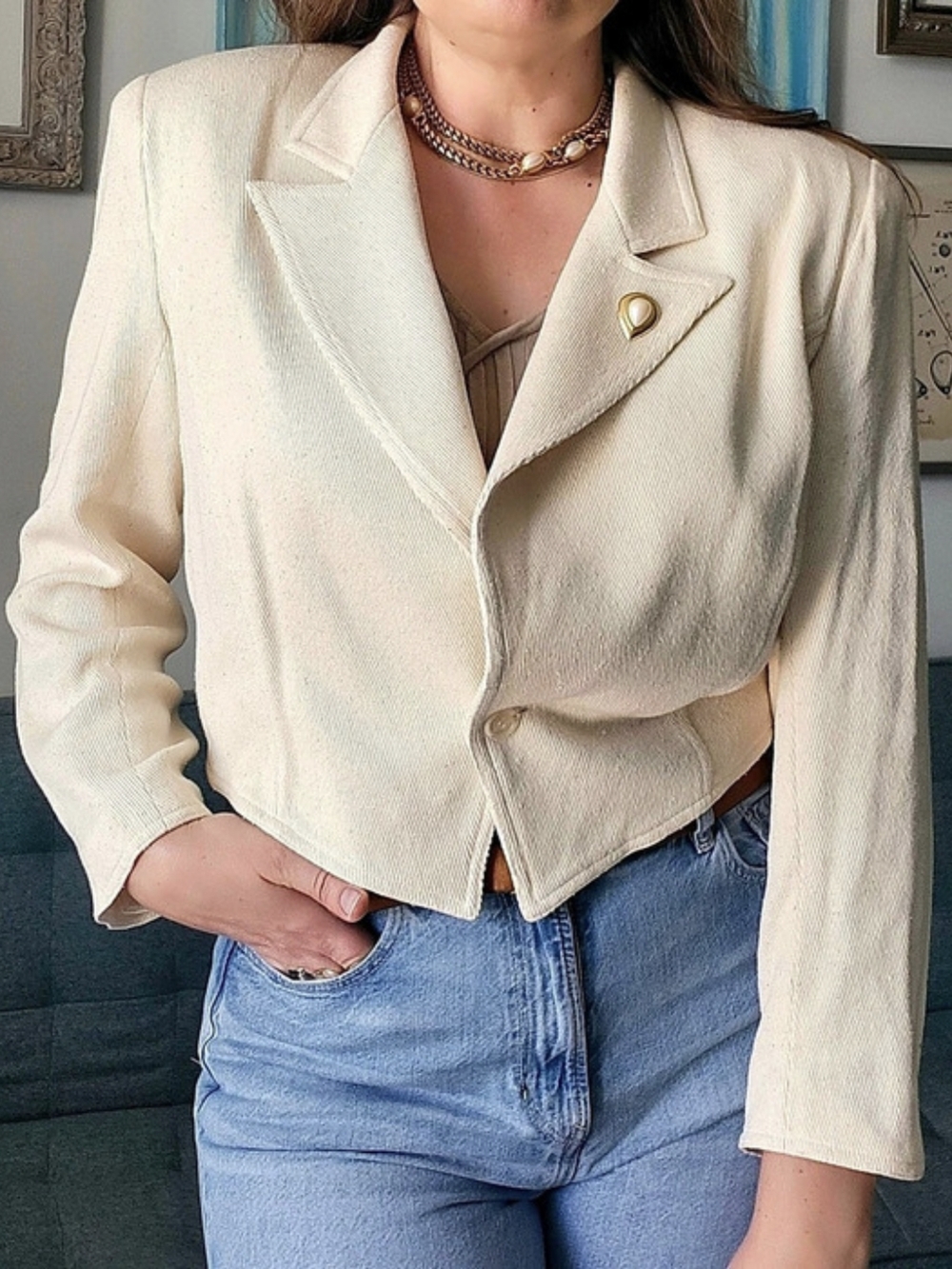 Karen Perry Vintage Silk Cropped Blazer in Cream Size 12